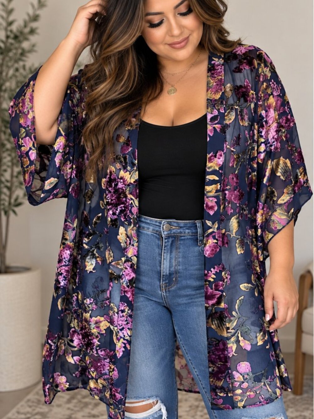 Catherines Velvet Burnout Floral Sheer Kimono Festival Whimsigoth Boho 4X/5X